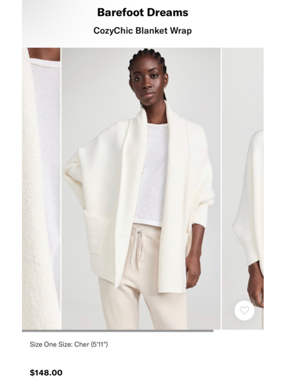 Barefoot Dreams CozyChic Blanket Wrap Cardigan, One Size, Pearl
